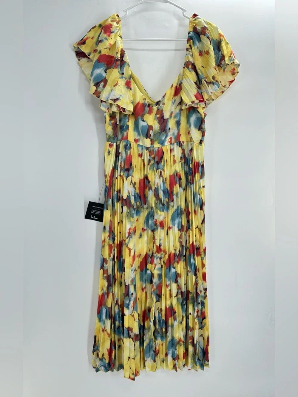 Lulus Authentically Yours Yellow Multi Abstract Print Satin Midi Dress - Size XL - Picture 7 of 10